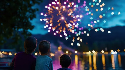 Families mesmerized by dazzling fireworks over the lake, creating unforgettable memories on vacation. 