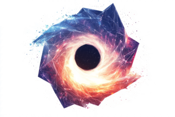 Galaxy with glowing polygonal arms swirling around a central black hole, low poly on a white background