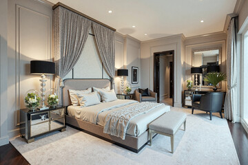 A modern bedroom with gray walls and velvety cream carpets - Generative AI