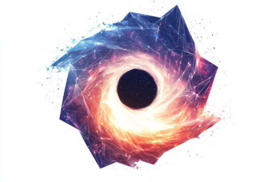 Galaxy with glowing polygonal arms swirling around a central black hole, low poly on a white background