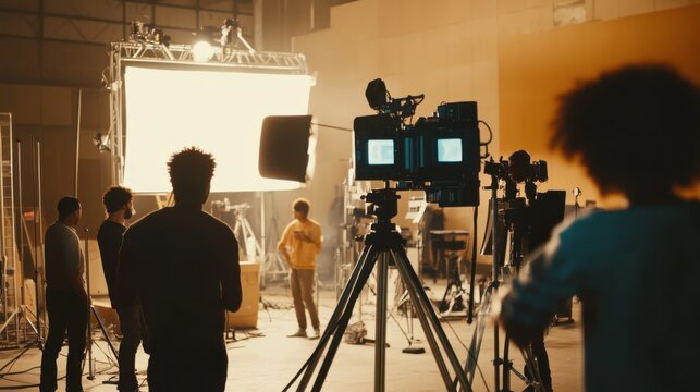 An evocative depiction of racial diversity in media with a film set where actors of various races are participating in a collaborative production, symbolizing diverse representation in entertainment
