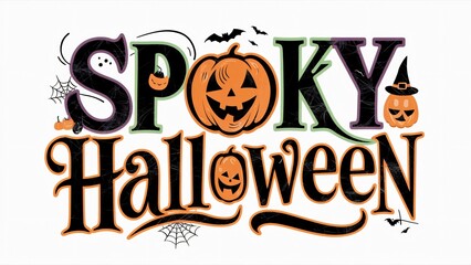 Fototapeta premium Spooky Halloween Typography Design with Pumpkins and Bats - Festive Holiday Greeting Card