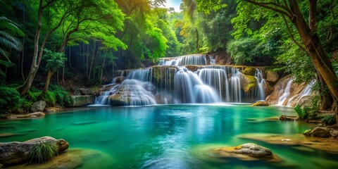 Captivating Tilt-Shift Photography of a Lush Waterfall and Emerald Pool Surrounded by Dense Tropical Rainforest in Thailand, Showcasing Nature’s Stunning Beauty and Serenity