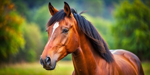 Obraz premium Captivating Tilt-Shift Photography of a Relaxed Bay Horse Head Portrait in Detail, Focused on the Natural Beauty and Serenity of a Brown Horse's Expression