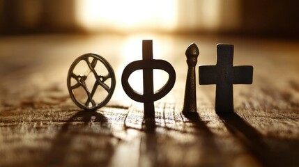 An evocative depiction of religious tolerance with symbols of various religions interwoven into a single cohesive design, representing respect and understanding, minimalist composition