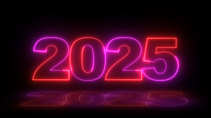 Neon glittering 2025 text on reflection festive background, Christmas and new year celebration. Text new year 2025 neon effect 