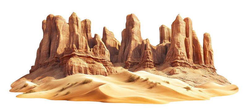 Towering rock formations in a sandy desert landscape, isolated on transparent cutout background - Powered by Adobe