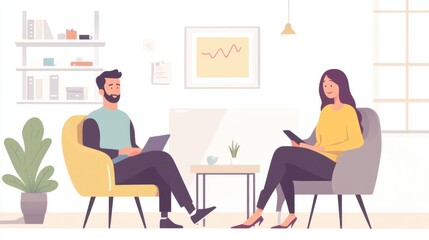 Fototapeta premium Two professionals engaged in discussion in a modern office setting with plants and minimalistic decor