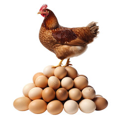 Fototapeta premium Brown hen standing on a heap of fresh eggs, isolated on transparent cutout background