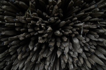 A dense, chaotic arrangement of wooden sticks, creating a dark and textured background.