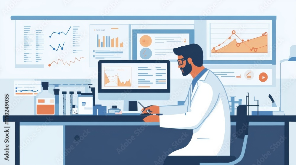 Poster research professional analyzes data on computer in laboratory with charts and graphs in background