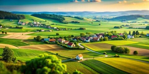 Fototapeta premium Captivating Tilt-Shift Photography of the Great European Plain Showcasing Lush Fields, Rolling Hills, and Charming Villages in a Dreamlike Miniature Landscape