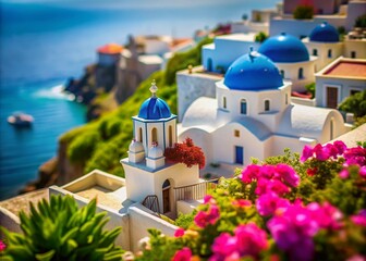 Obraz premium Captivating Tilt-Shift Photography of Traditional Greek Homes Nestled Among Breathtaking Landscapes, Showcasing Iconic Architecture and Vibrant Colors Under a Clear Blue Sky