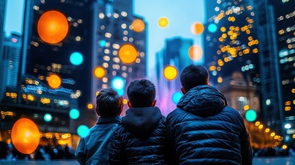 Families mesmerized by vibrant fountain show in city square, surrounded by colorful lights, embracing urban adventure together. 