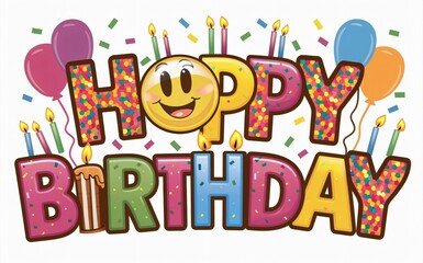 Joyful Happy Birthday Card Design with Smiley, Balloons, and Candles