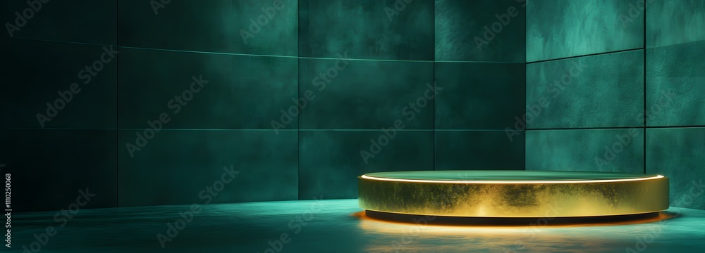 Poster elegant gold podium illuminated under soft lighting, set against a rich emerald green backdrop with 