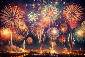 Captivating Vintage Style Photography of Firework Numbers Lighting Up the Night Sky in a Festive Celebration Scene with Sparkles and Colorful Explosions