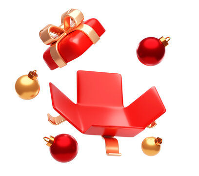 Floating Red Gift Box with Christmas Ornaments icon 3d illustration background