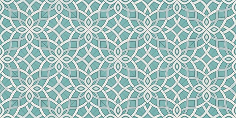 Seamless Geometric Pattern of Intertwined Arcs and Floral Motifs in a Soft Teal and White Color Scheme