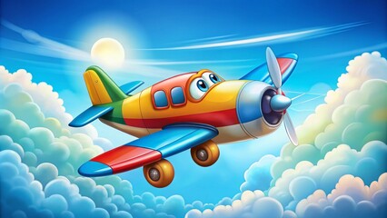 Cartoon Airplane Flying in a Bright Blue Sky with Fluffy White Clouds, Perfect for Travel and Adventure Themes, Ideal for Children’s Learning Materials and Illustrations