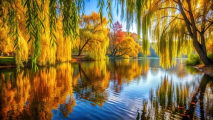 Obraz premium A serene autumn scene with weeping willows reflecting in a tranquil lake, showcasing the vibrant hues of yellow and gold foliage