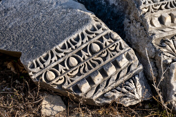Rows of columns in Perge, Antalya, Turkey. Remains of colonnaded street in Pamphylian ancient city.
