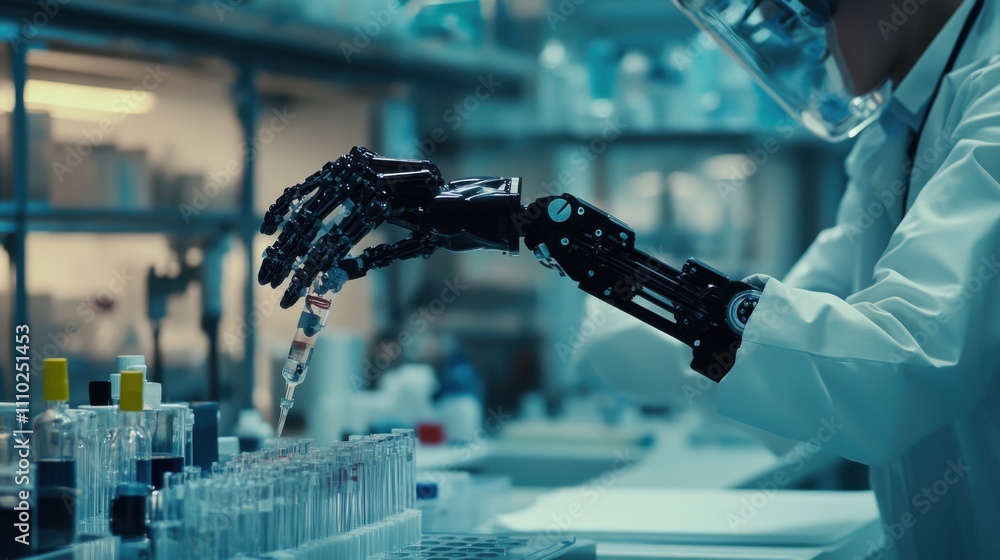 Poster scientist uses robotic arm to conduct experiments in a high-tech laboratory setting during the night
