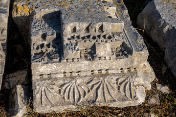 Rows of columns in Perge, Antalya, Turkey. Remains of colonnaded street in Pamphylian ancient city.