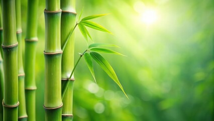 A Vibrant Grove of Bamboo Stalks with Fresh Green Leaves and a Soft, Sun-Drenched Background
