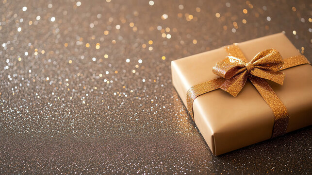 Elegant gift wrapped in gold ribbon on a sparkling background ready for special occasions.