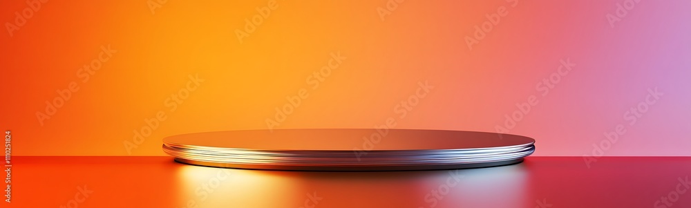 Aufkleber shiny silver podium with smooth edges, illuminated by soft light, placed against a vibrant coral ora