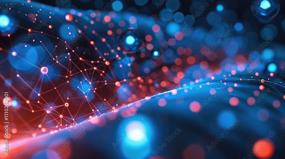 Poster a blue and red digital and decentralized node environment.