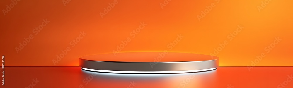 Poster shiny silver podium with smooth edges, illuminated by soft light, placed against a vibrant coral ora