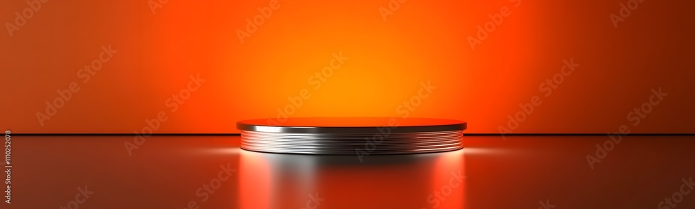 Poster shiny silver podium with smooth edges, illuminated by soft light, placed against a vibrant coral ora