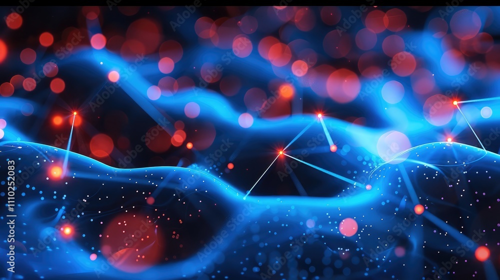 Poster a blue and red digital and decentralized node environment.