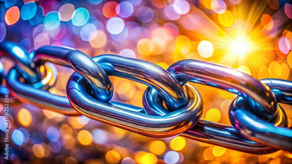 Poster chain links symbolizing strength and security with glowing highlights and bokeh background for visua