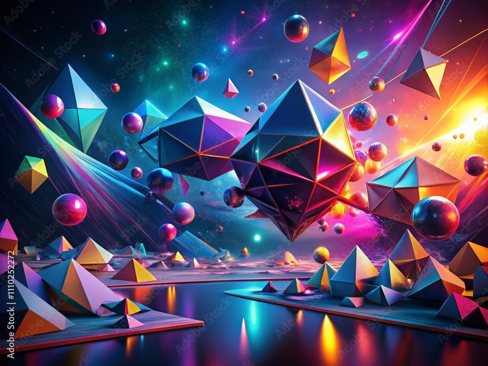 Poster chaotic abstract geometric shapes with gradient colors in night photography - loop video motion back