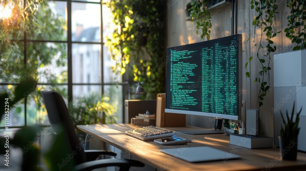 Aufkleber cozy workspace with green plants and a monitor displaying coding data during daylight hours