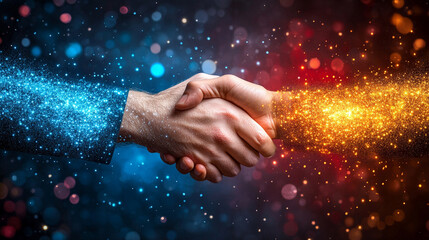Businessmen shaking hands in front of abstract hyperspeed motion representing successful partnership, collaboration, and rapid progress in the business world, with a futuristic and dynamic feel