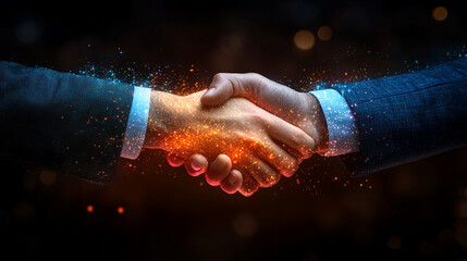 Businessmen shaking hands in front of abstract hyperspeed motion representing successful partnership, collaboration, and rapid progress in the business world, with a futuristic and dynamic feel