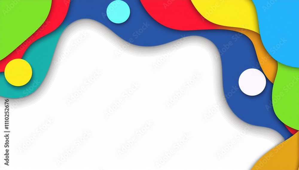Poster Abstract Colorful Waves with Copy Space: A vibrant and dynamic abstract background featuring colorful paper-like waves in various shapes and sizes, with a white copy space in the center.