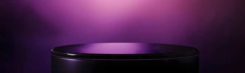 Fototapeta premium Round black podium with a sleek, smooth surface, illuminated from above, against a rich purple backdrop, offering ample space for showcasing a product.