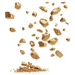 falling gold nuggets isolated on transparent white background, clipping path