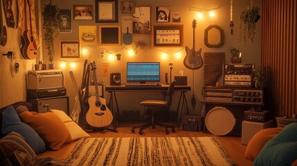 A well-lit practice room with electric guitars, a drum set, and a small desk with recording tools, all surrounded by plush pillows and cozy decor