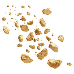 falling gold nuggets isolated on transparent white background, clipping path