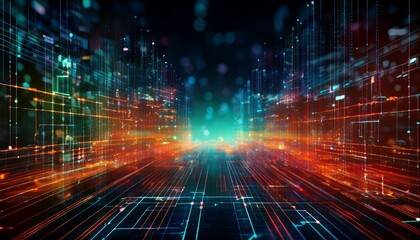 Fototapeta premium Digital Cityscape: A mesmerizing abstract rendering of a city in the digital realm, featuring vibrant colors, flowing lines, and futuristic aesthetics. The image evokes feelings of progress.