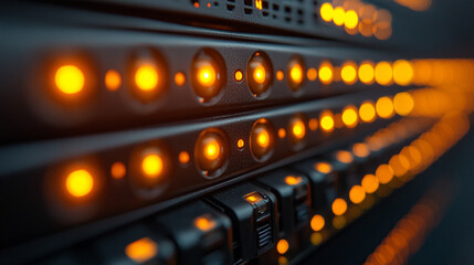server racks in a data center with blurred background symbolizing technology, data processing, and the backbone of modern information infrastructure