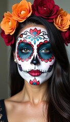 Calavera Makeup Art with Floral Patterns for a Day of the Dead Celebration Look.