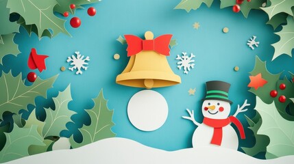 A paper snowflake with a bell and a snowman on it