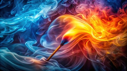 Naklejka premium A single matchstick engulfed in a fiery blaze, its embers glowing with intense heat, casting a mesmerizing dance of vibrant blue and orange smoke across the dark background.